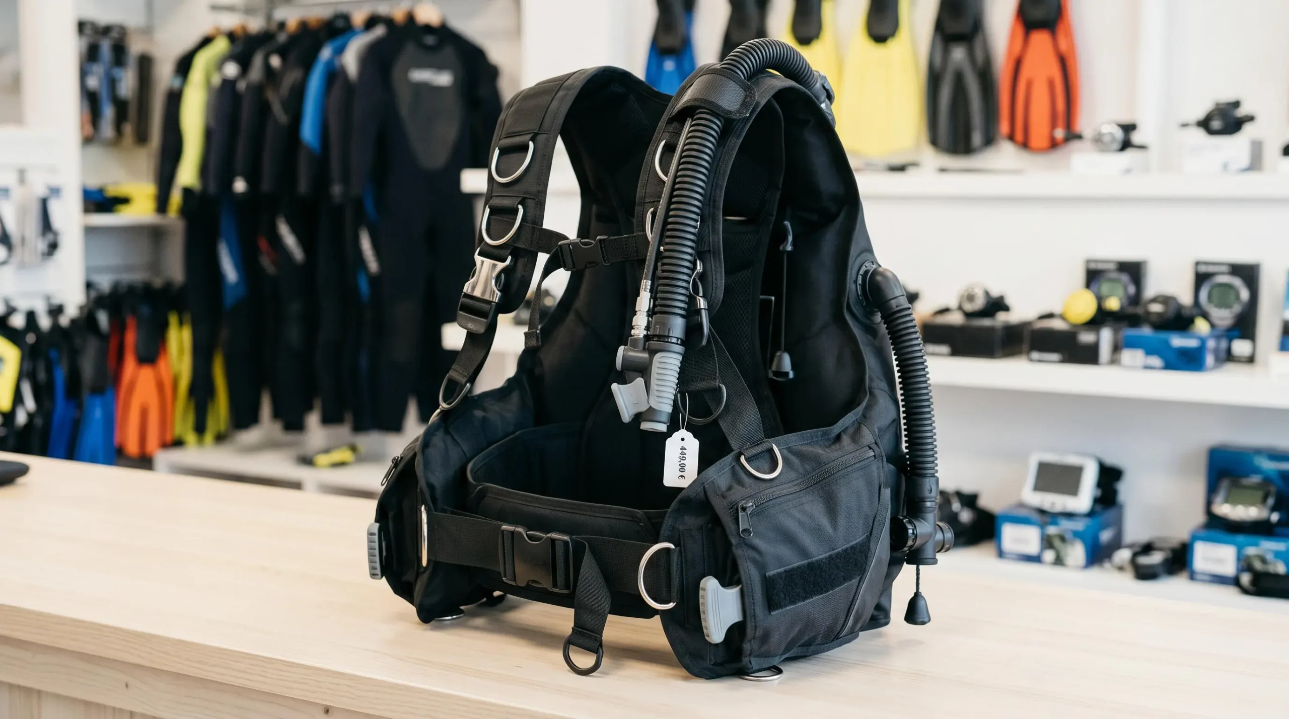 Gilet stabilisateur enveloppant de plongée posé sur un comptoir de magasin spécialisé, montrant inflateur, sangles réglables et système de purge