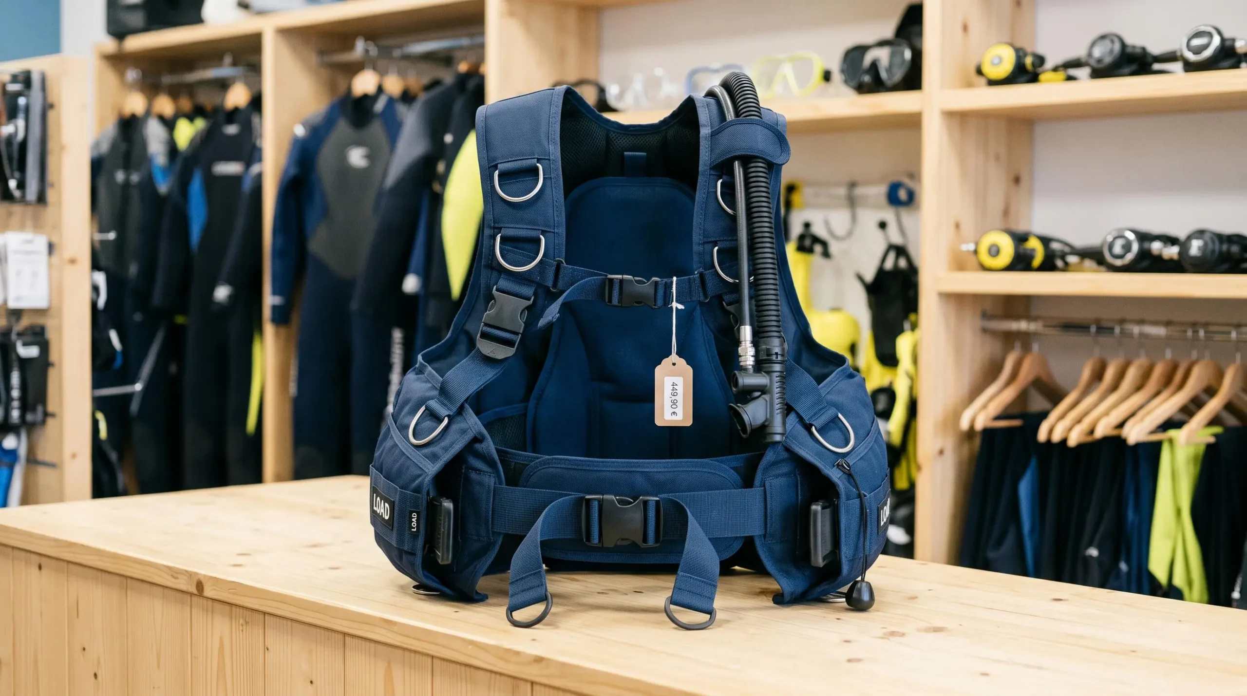Gilet stabilisateur enveloppant de plongée posé sur un comptoir de magasin spécialisé, montrant inflateur, sangles réglables et système de purge