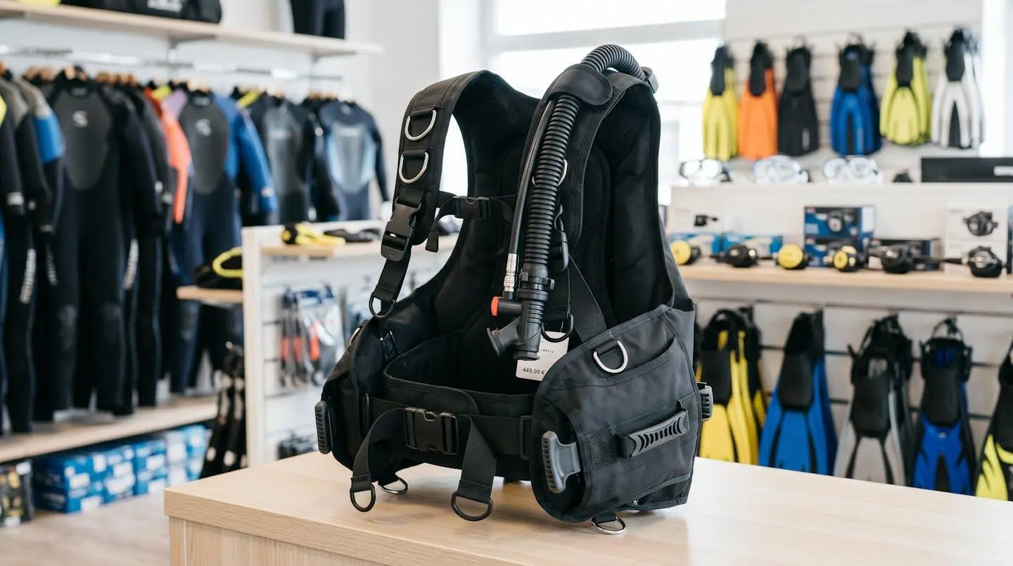 Gilet stabilisateur enveloppant de plongée posé sur un comptoir de magasin spécialisé, montrant inflateur, sangles réglables et système de purge