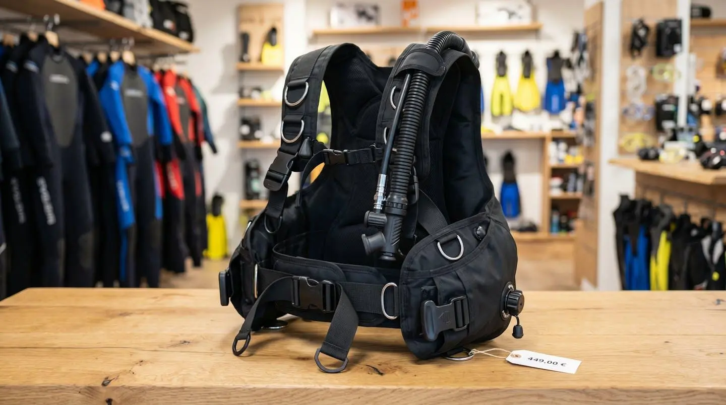 Gilet stabilisateur enveloppant de plongée posé sur un comptoir de magasin spécialisé, montrant inflateur, sangles réglables et système de purge