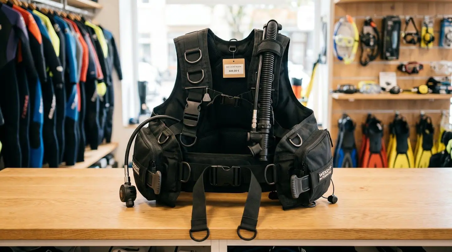 Gilet stabilisateur enveloppant de plongée posé sur un comptoir de magasin spécialisé, montrant inflateur, sangles réglables et système de purge