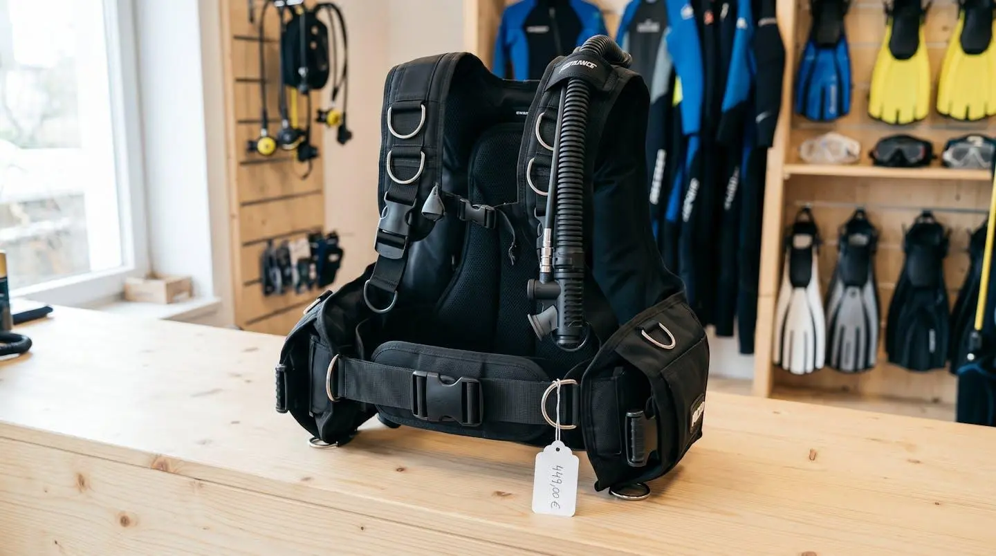 Gilet stabilisateur enveloppant de plongée posé sur un comptoir de magasin spécialisé, montrant inflateur, sangles réglables et système de purge