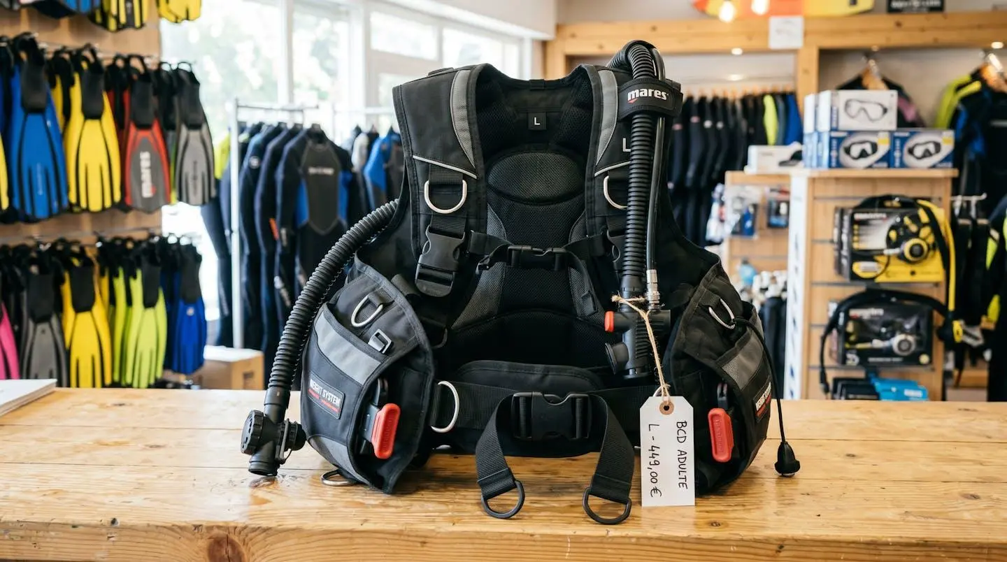 Gilet stabilisateur enveloppant de plongée posé sur un comptoir de magasin spécialisé, montrant inflateur, sangles réglables et système de purge
