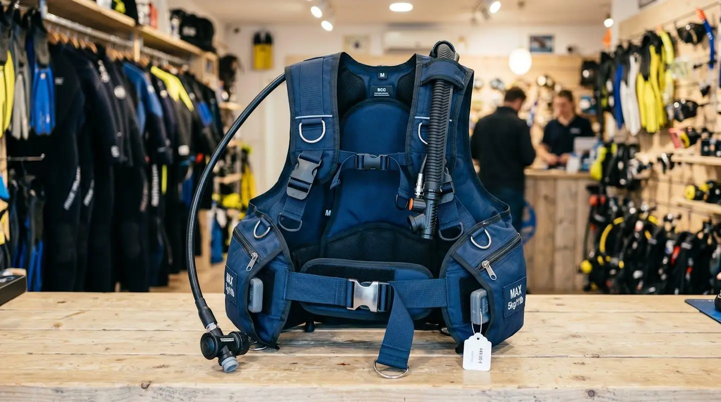 Gilet stabilisateur enveloppant de plongée posé sur un comptoir de magasin spécialisé, montrant inflateur, sangles réglables et système de purge