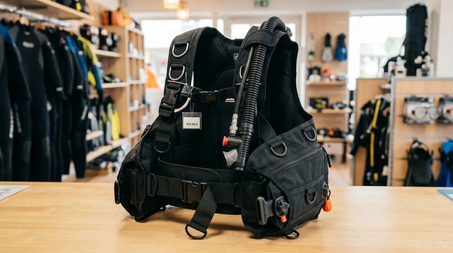 Gilet stabilisateur enveloppant de plongée posé sur un comptoir de magasin spécialisé, montrant inflateur, sangles réglables et système de purge