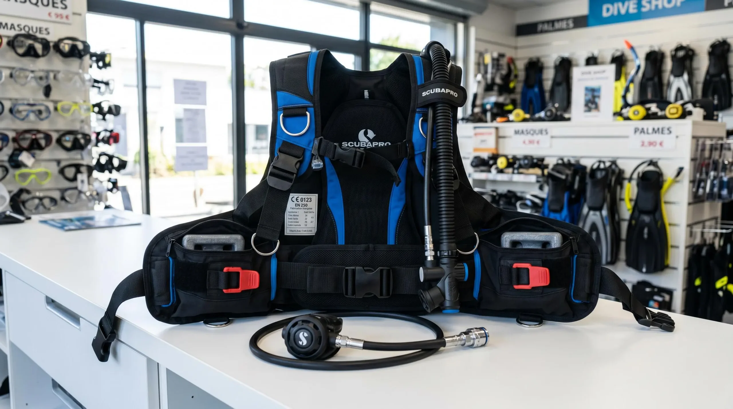 Gilet stabilisateur enveloppant noir et bleu posé sur comptoir de magasin de plongée, inflator et sangles visibles, étiquette CE apparente