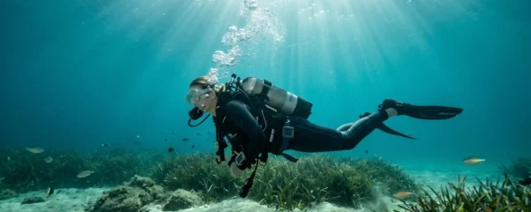 Plongeur en position horizontale contrôlant sa flottabilité avec son gilet stabilisateur dans les eaux turquoise de la Méditerranée, bulles remontant vers la surface, posidonie visible au fond