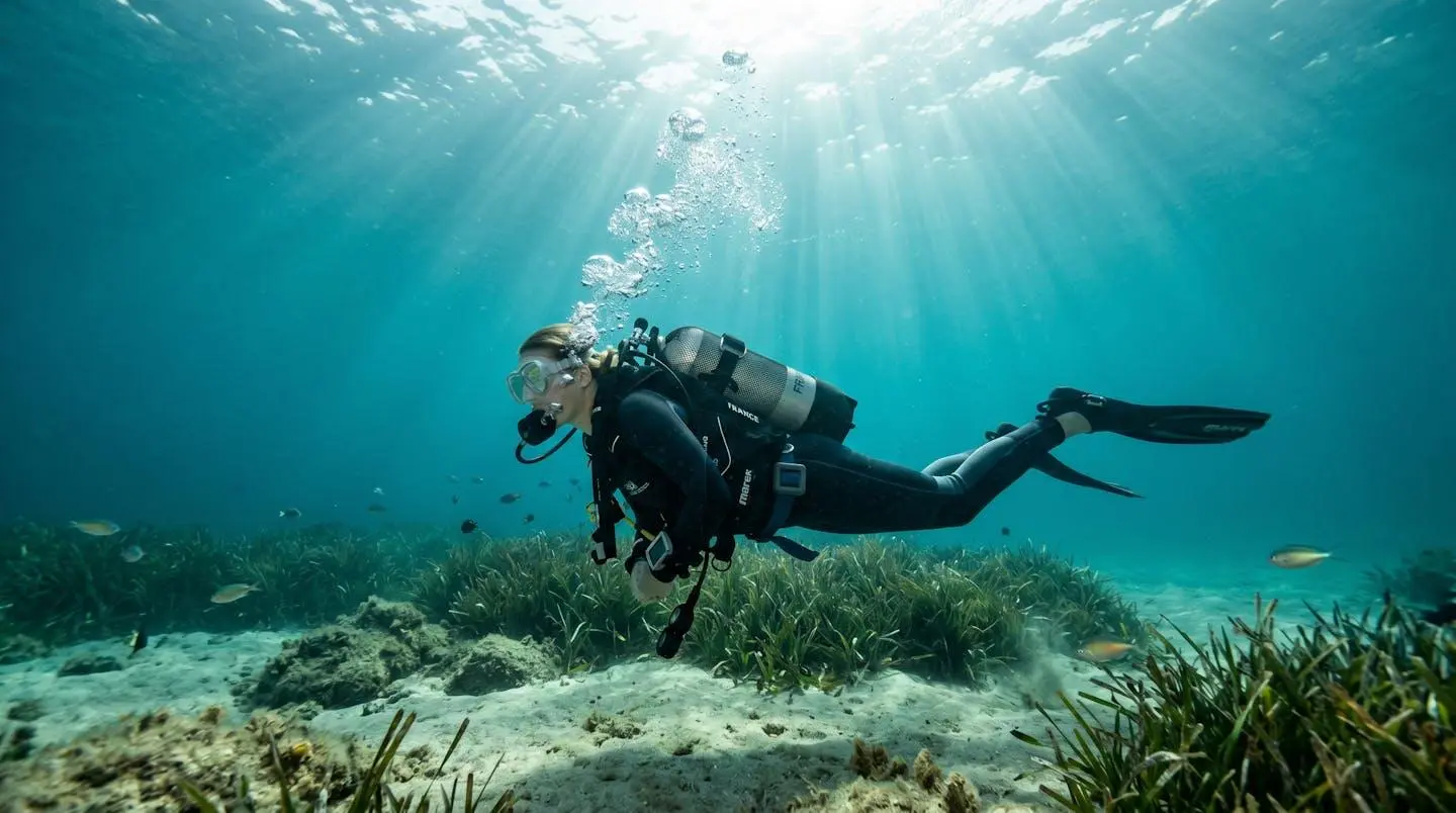 Plongeur en position horizontale contrôlant sa flottabilité avec son gilet stabilisateur dans les eaux turquoise de la Méditerranée, bulles remontant vers la surface, posidonie visible au fond