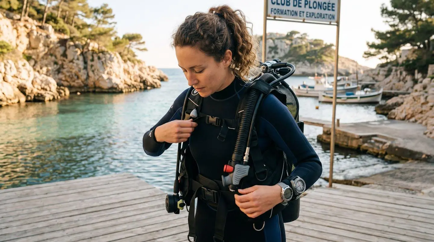 Plongeur débutant en combinaison néoprène portant un gilet stabilisateur avec bouteille, ajustant les sangles du gilet au bord d'un bassin de formation ou d'une crique méditerranéenne