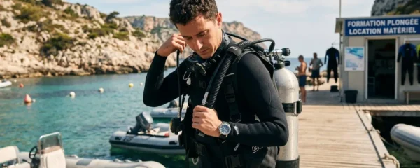 Plongeur débutant en combinaison néoprène portant un gilet stabilisateur avec bouteille, ajustant les sangles du gilet au bord d'un bassin de formation ou d'une crique méditerranéenne