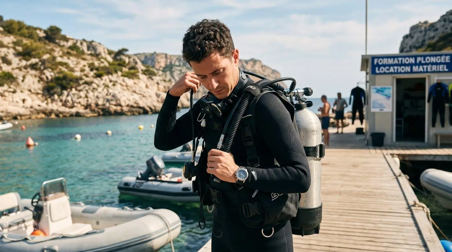Plongeur débutant en combinaison néoprène portant un gilet stabilisateur avec bouteille, ajustant les sangles du gilet au bord d'un bassin de formation ou d'une crique méditerranéenne