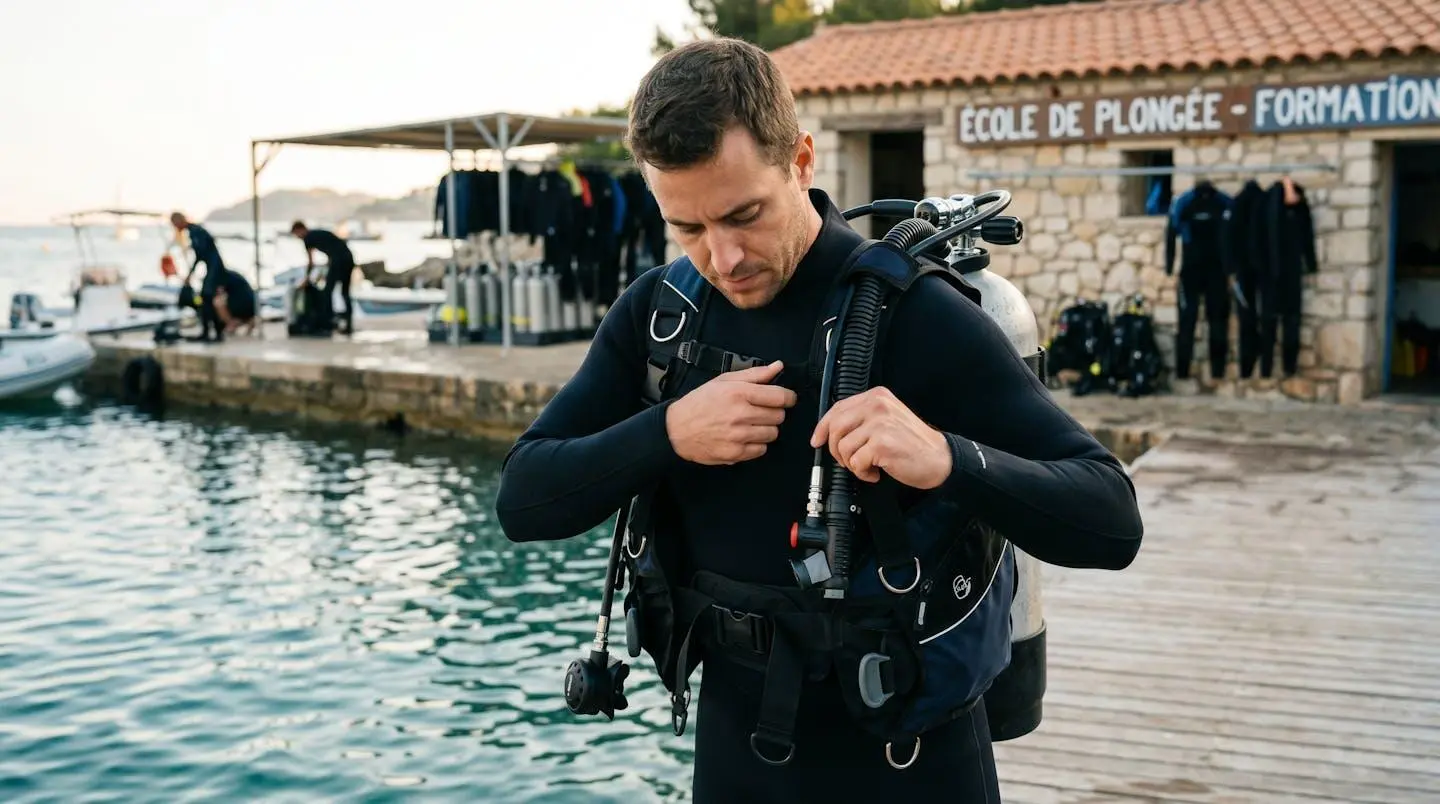 Plongeur débutant en combinaison néoprène portant un gilet stabilisateur avec bouteille, ajustant les sangles du gilet au bord d'un bassin de formation ou d'une crique méditerranéenne