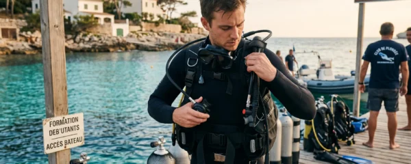 Plongeur débutant en combinaison néoprène portant un gilet stabilisateur avec bouteille, ajustant les sangles du gilet au bord d'un bassin de formation ou d'une crique méditerranéenne
