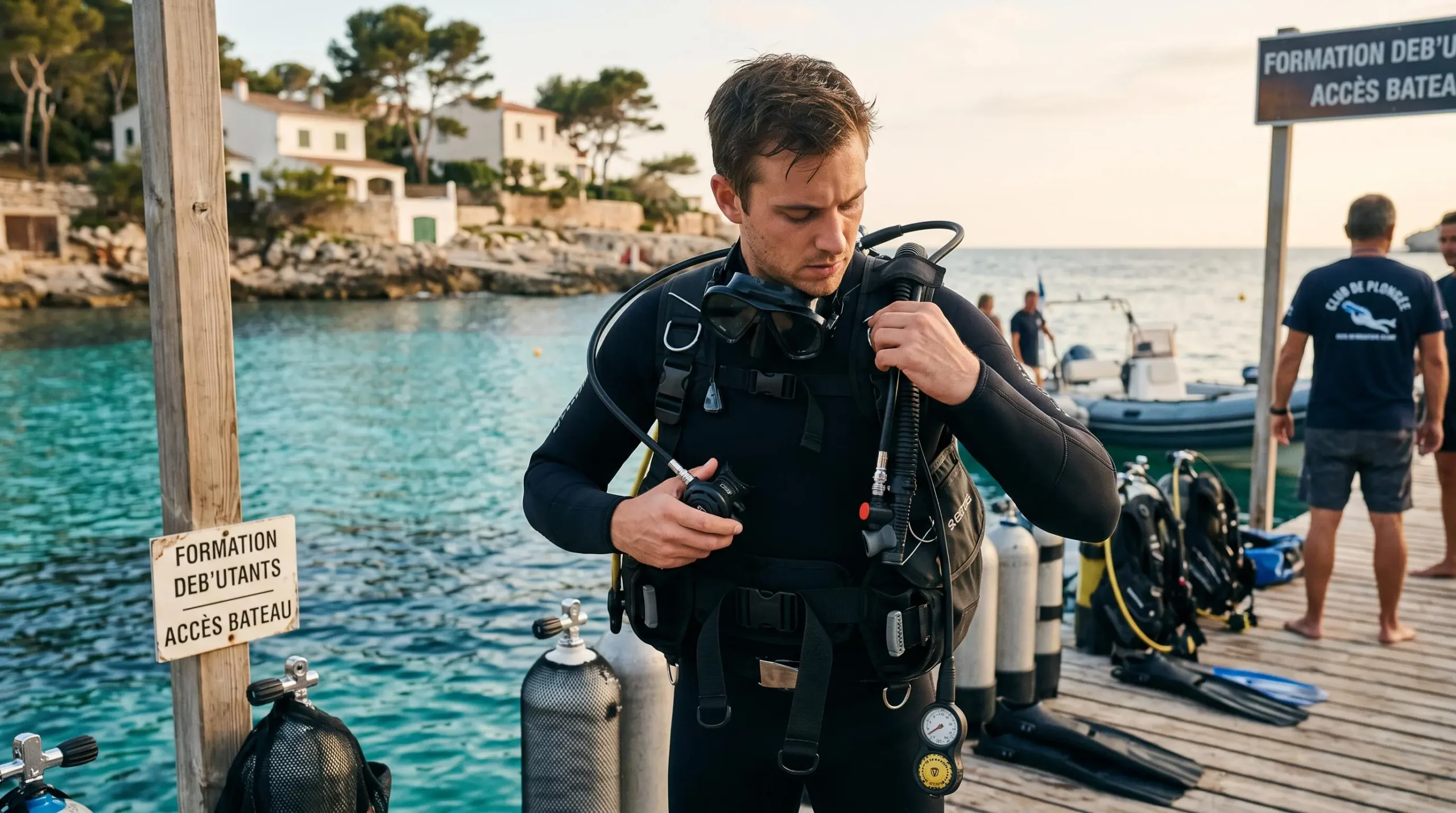 Plongeur débutant en combinaison néoprène portant un gilet stabilisateur avec bouteille, ajustant les sangles du gilet au bord d'un bassin de formation ou d'une crique méditerranéenne