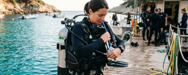 Plongeur débutant en combinaison néoprène portant un gilet stabilisateur avec bouteille, ajustant les sangles du gilet au bord d'un bassin de formation ou d'une crique méditerranéenne