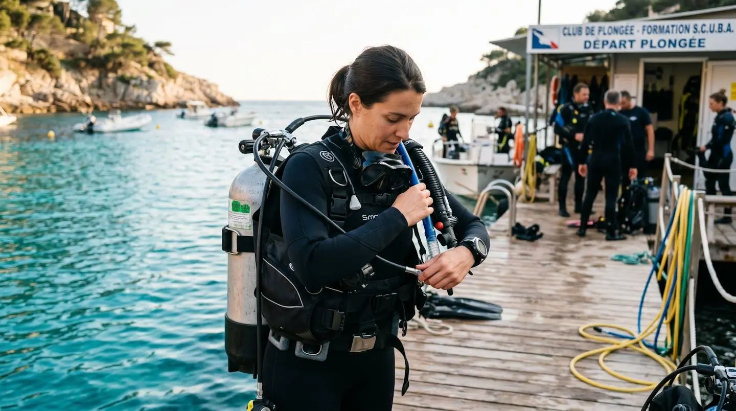 Plongeur débutant en combinaison néoprène portant un gilet stabilisateur avec bouteille, ajustant les sangles du gilet au bord d'un bassin de formation ou d'une crique méditerranéenne