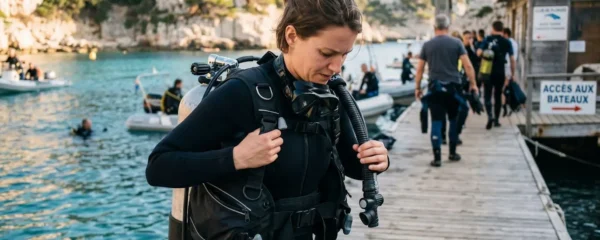 Plongeur débutant en combinaison néoprène portant un gilet stabilisateur avec bouteille, ajustant les sangles du gilet au bord d'un bassin de formation ou d'une crique méditerranéenne