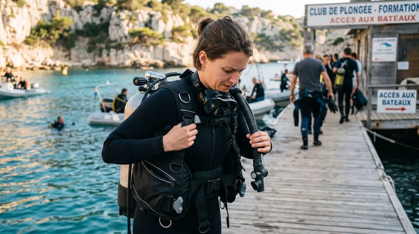 Plongeur débutant en combinaison néoprène portant un gilet stabilisateur avec bouteille, ajustant les sangles du gilet au bord d'un bassin de formation ou d'une crique méditerranéenne