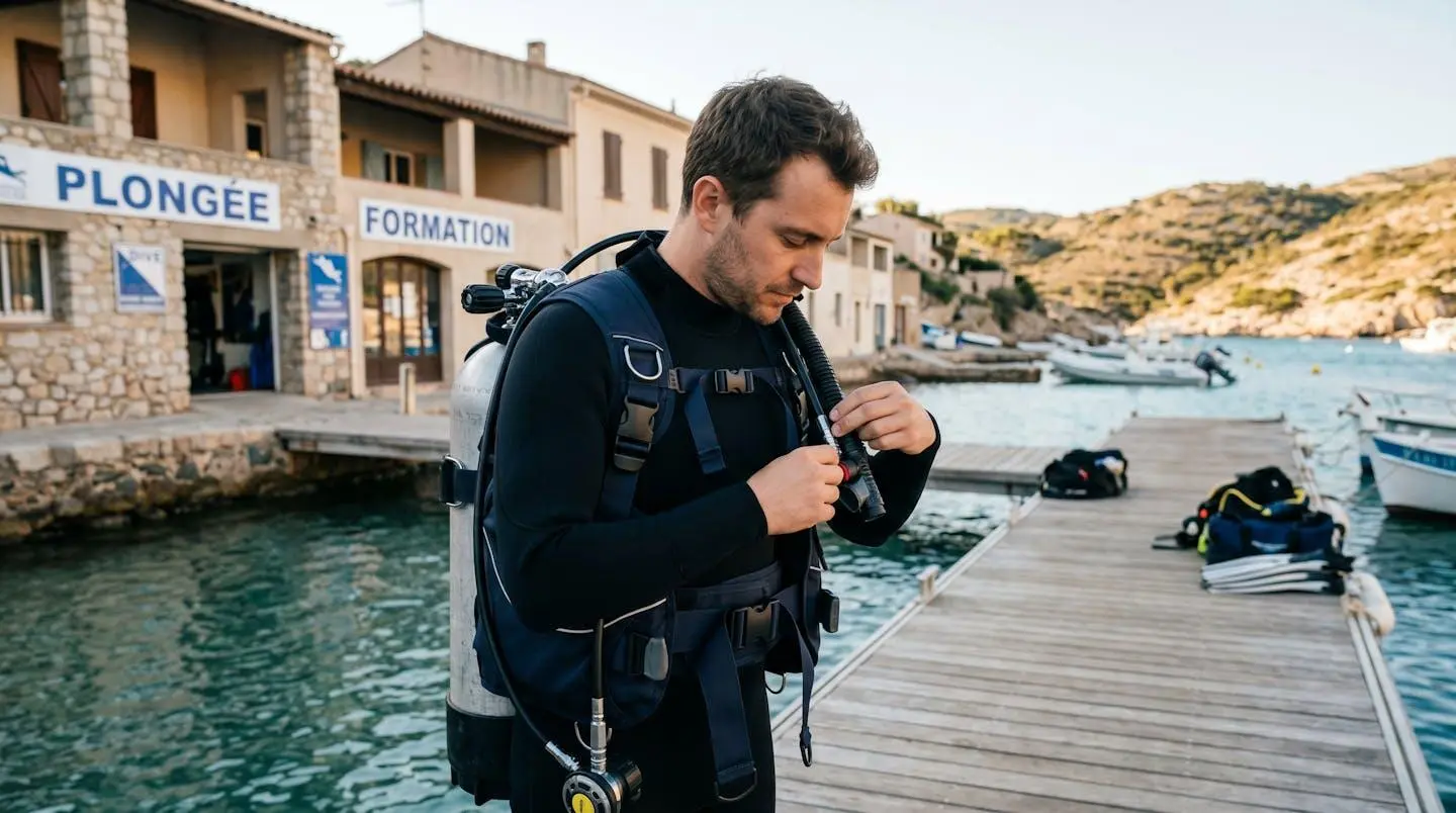 Plongeur débutant en combinaison néoprène portant un gilet stabilisateur avec bouteille, ajustant les sangles du gilet au bord d'un bassin de formation ou d'une crique méditerranéenne