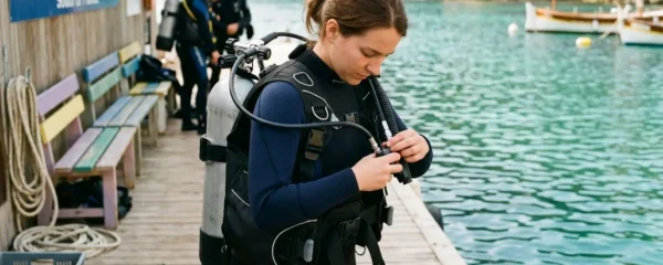Plongeur débutant en combinaison néoprène portant un gilet stabilisateur avec bouteille, ajustant les sangles du gilet au bord d'un bassin de formation ou d'une crique méditerranéenne