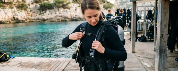 Plongeur débutant en combinaison néoprène portant un gilet stabilisateur avec bouteille, ajustant les sangles du gilet au bord d'un bassin de formation ou d'une crique méditerranéenne