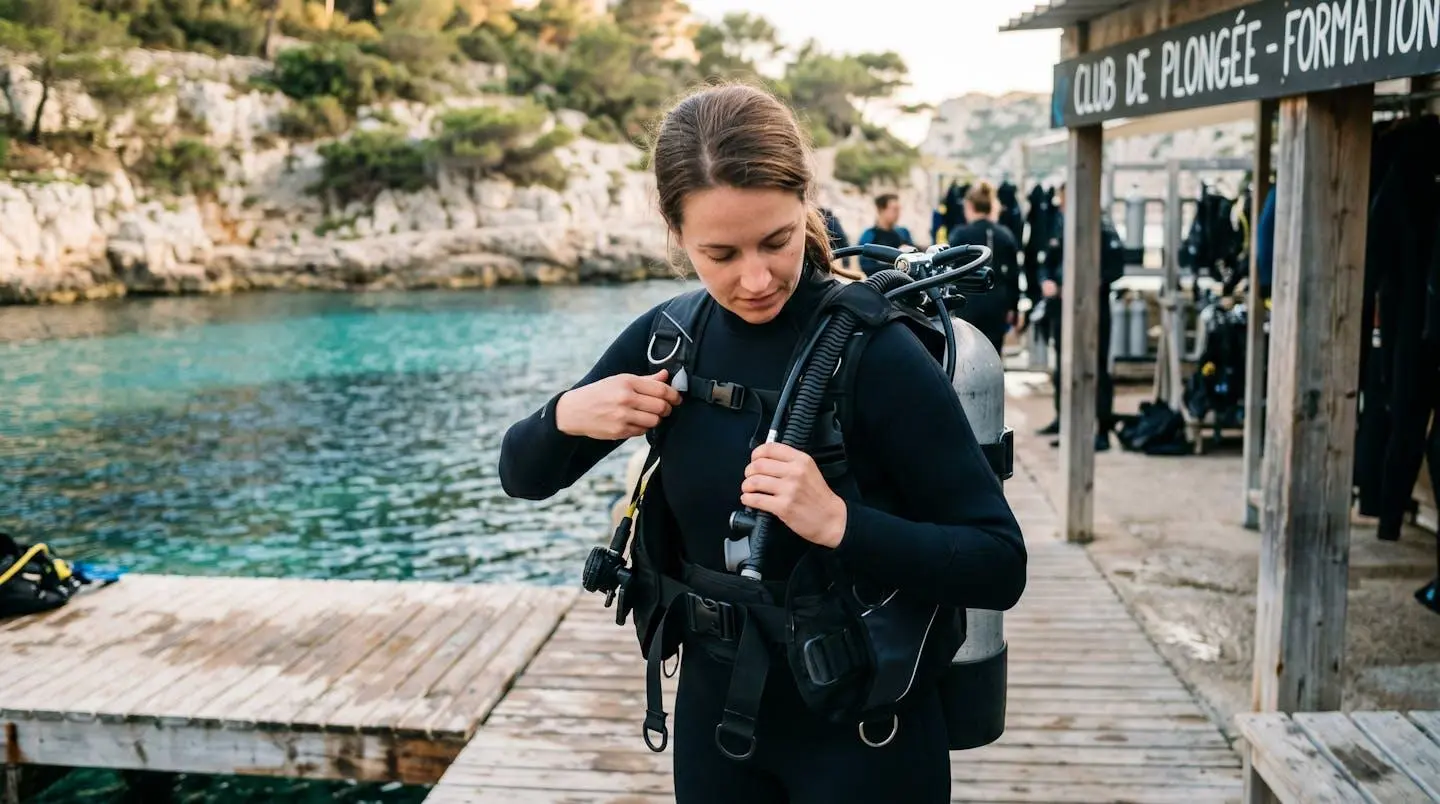 Plongeur débutant en combinaison néoprène portant un gilet stabilisateur avec bouteille, ajustant les sangles du gilet au bord d'un bassin de formation ou d'une crique méditerranéenne