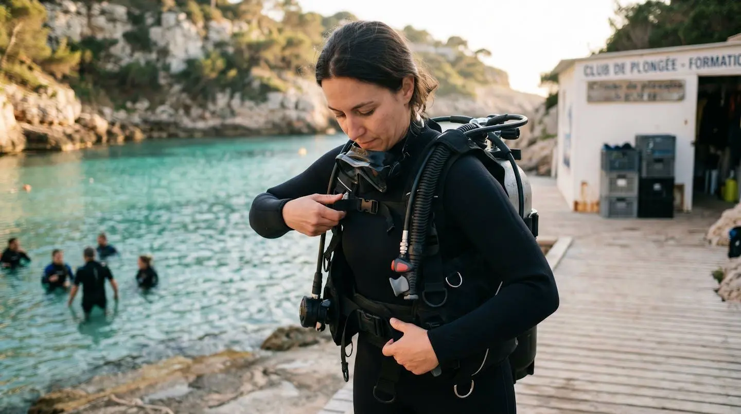 Plongeur débutant en combinaison néoprène portant un gilet stabilisateur avec bouteille, ajustant les sangles du gilet au bord d'un bassin de formation ou d'une crique méditerranéenne