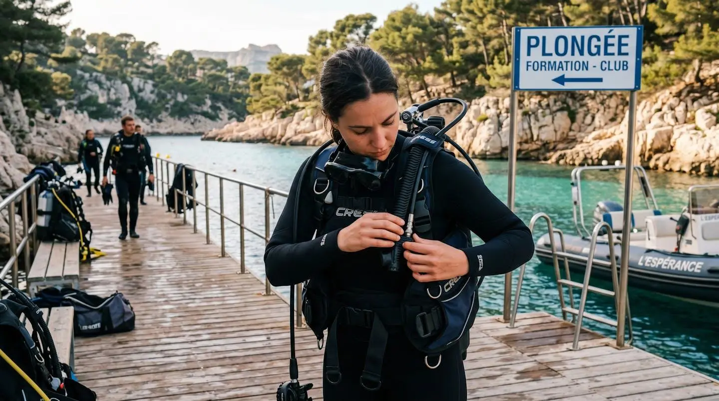 Plongeur débutant en combinaison néoprène portant un gilet stabilisateur avec bouteille, ajustant les sangles du gilet au bord d'un bassin de formation ou d'une crique méditerranéenne