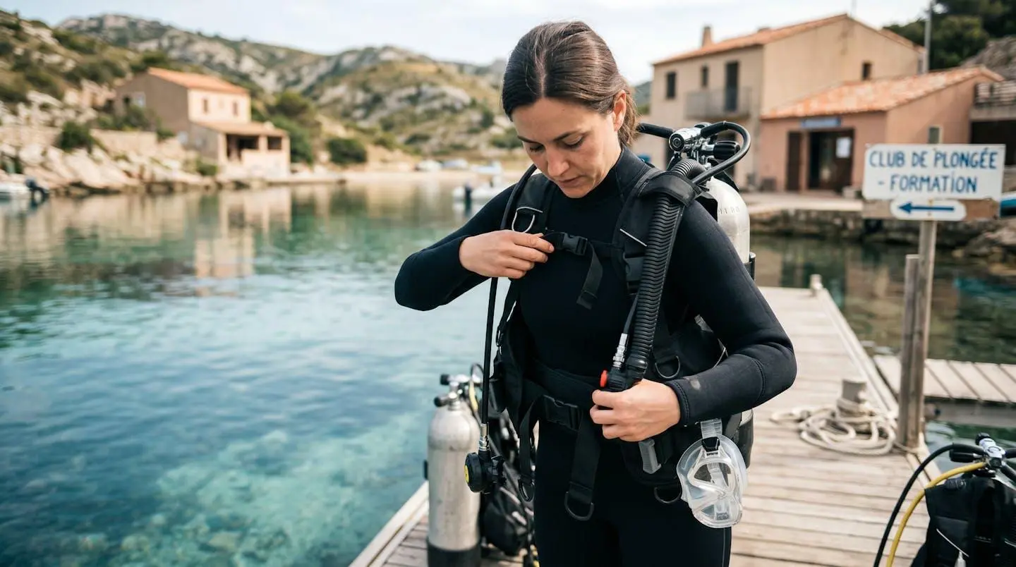 Plongeur débutant en combinaison néoprène portant un gilet stabilisateur avec bouteille, ajustant les sangles du gilet au bord d'un bassin de formation ou d'une crique méditerranéenne