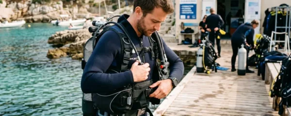 Plongeur débutant en combinaison néoprène portant un gilet stabilisateur avec bouteille, ajustant les sangles du gilet au bord d'un bassin de formation ou d'une crique méditerranéenne