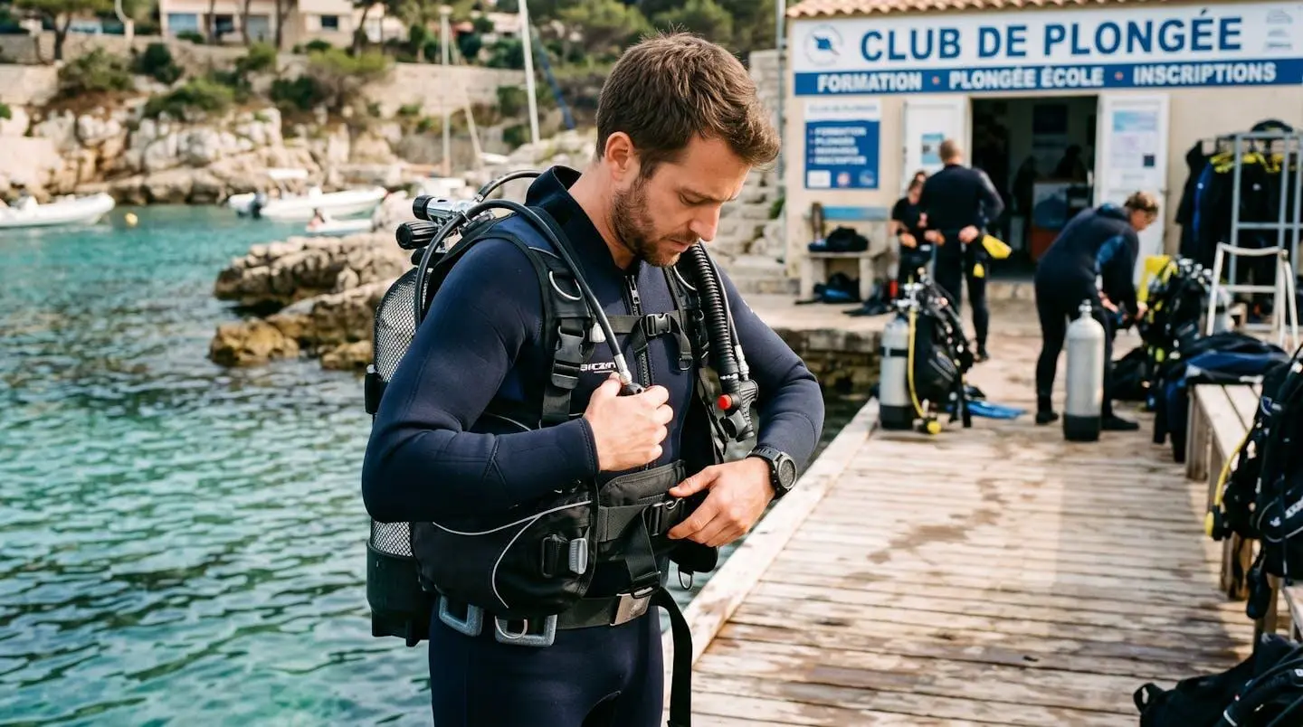 Plongeur débutant en combinaison néoprène portant un gilet stabilisateur avec bouteille, ajustant les sangles du gilet au bord d'un bassin de formation ou d'une crique méditerranéenne