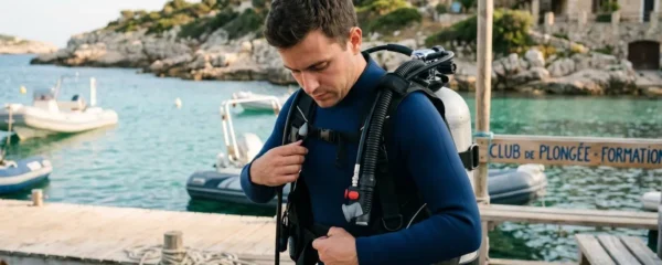 Plongeur débutant en combinaison néoprène portant un gilet stabilisateur avec bouteille, ajustant les sangles du gilet au bord d'un bassin de formation ou d'une crique méditerranéenne