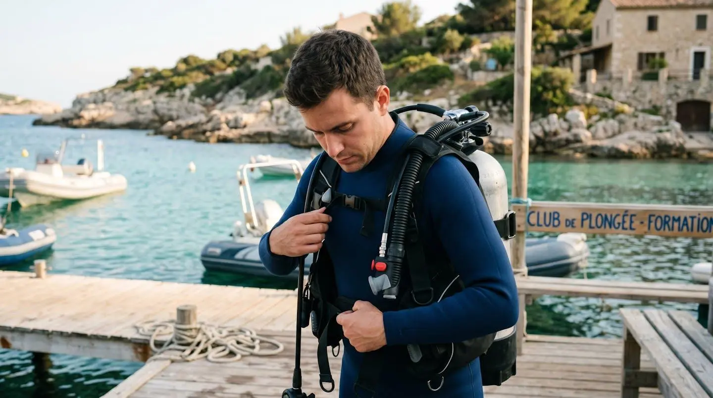 Plongeur débutant en combinaison néoprène portant un gilet stabilisateur avec bouteille, ajustant les sangles du gilet au bord d'un bassin de formation ou d'une crique méditerranéenne