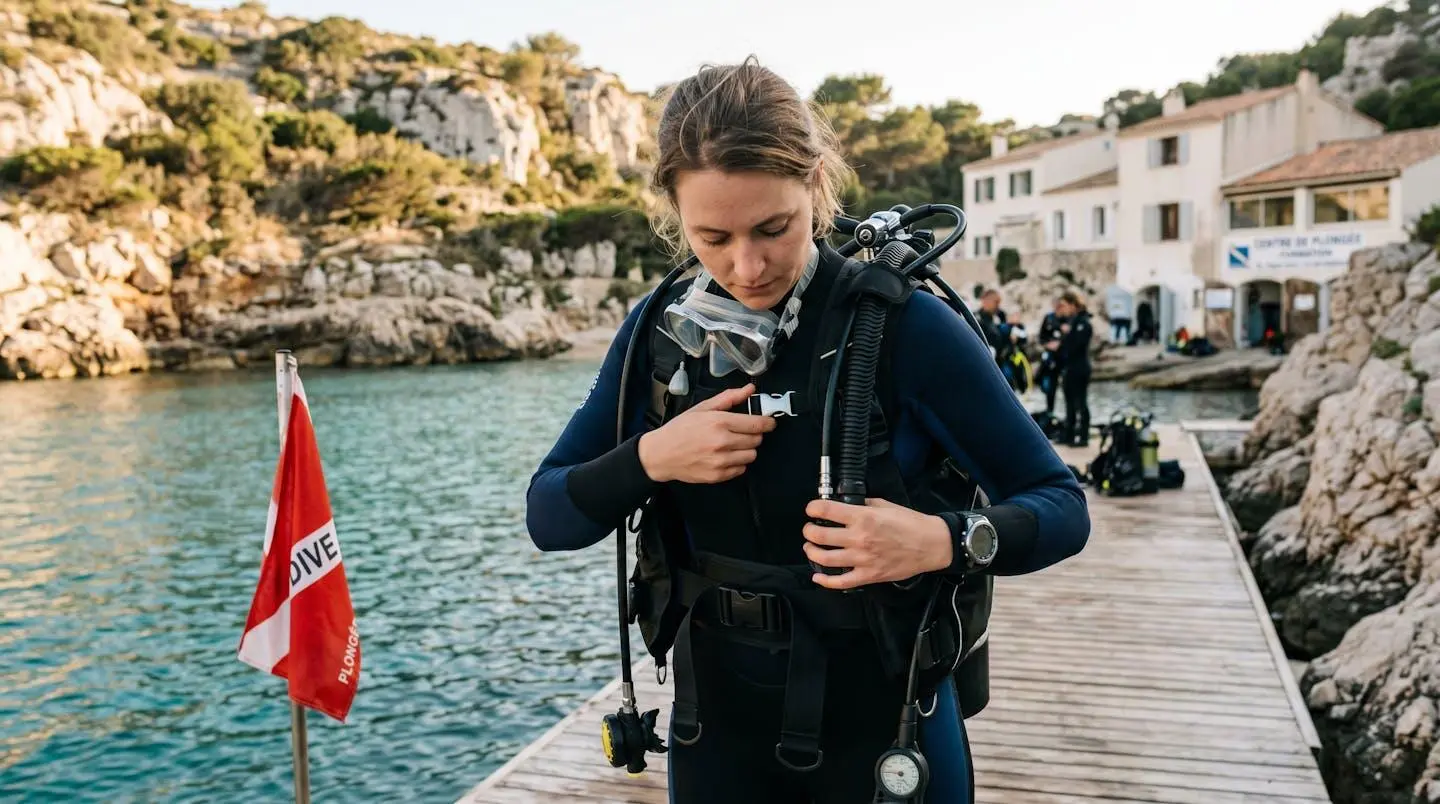 Plongeur débutant en combinaison néoprène portant un gilet stabilisateur avec bouteille, ajustant les sangles du gilet au bord d'un bassin de formation ou d'une crique méditerranéenne