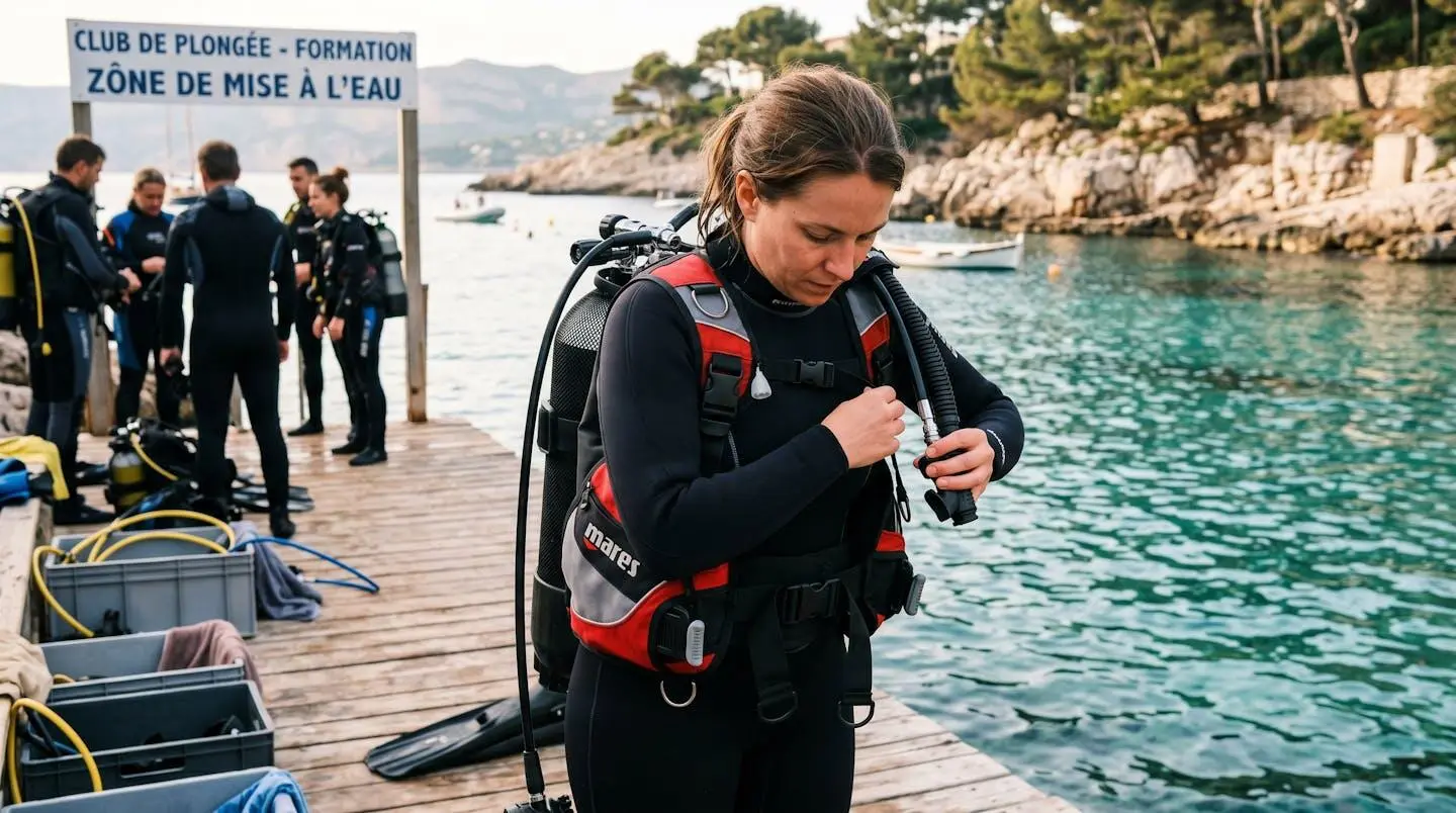 Plongeur débutant en combinaison néoprène portant un gilet stabilisateur avec bouteille, ajustant les sangles du gilet au bord d'un bassin de formation ou d'une crique méditerranéenne