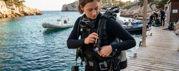Plongeur débutant en combinaison néoprène portant un gilet stabilisateur avec bouteille, ajustant les sangles du gilet au bord d'un bassin de formation ou d'une crique méditerranéenne