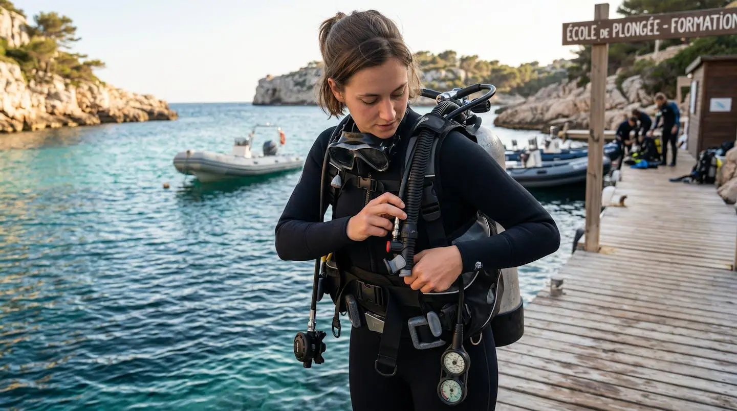 Plongeur débutant en combinaison néoprène portant un gilet stabilisateur avec bouteille, ajustant les sangles du gilet au bord d'un bassin de formation ou d'une crique méditerranéenne