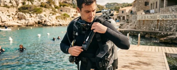 Plongeur débutant en combinaison néoprène portant un gilet stabilisateur avec bouteille, ajustant les sangles du gilet au bord d'un bassin de formation ou d'une crique méditerranéenne