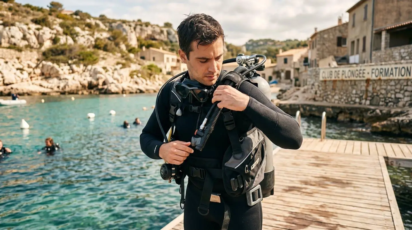 Plongeur débutant en combinaison néoprène portant un gilet stabilisateur avec bouteille, ajustant les sangles du gilet au bord d'un bassin de formation ou d'une crique méditerranéenne