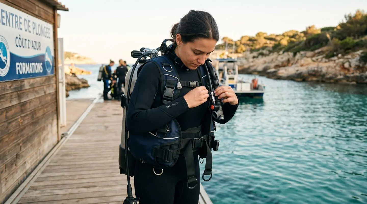 Plongeur débutant en combinaison néoprène portant un gilet stabilisateur avec bouteille, ajustant les sangles du gilet au bord d'un bassin de formation ou d'une crique méditerranéenne