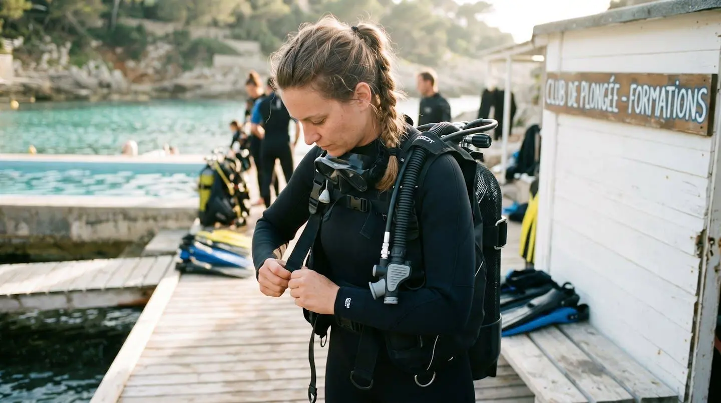 Plongeur débutant en combinaison néoprène portant un gilet stabilisateur avec bouteille, ajustant les sangles du gilet au bord d'un bassin de formation ou d'une crique méditerranéenne