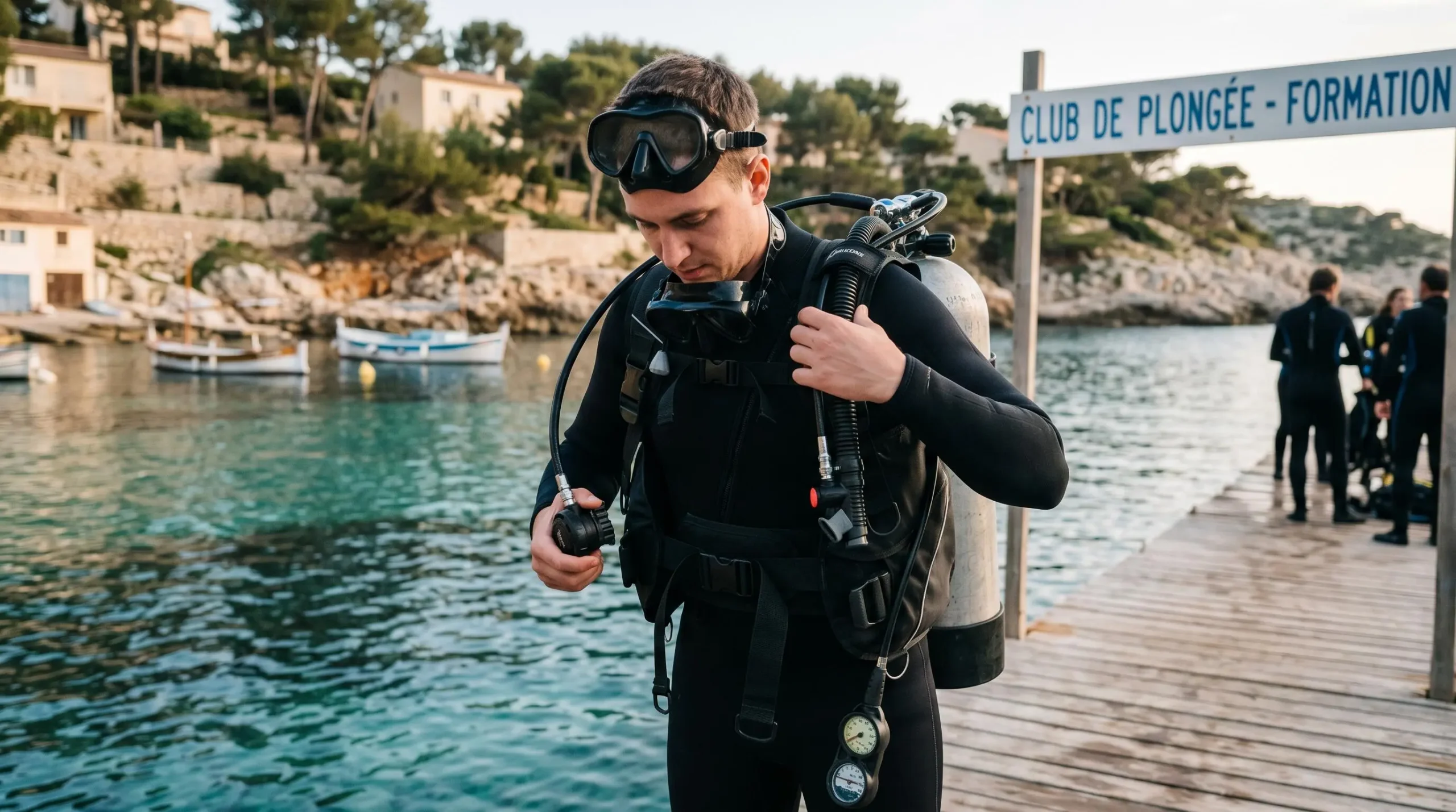Plongeur débutant en combinaison néoprène portant un gilet stabilisateur avec bouteille, ajustant les sangles du gilet au bord d'un bassin de formation ou d'une crique méditerranéenne