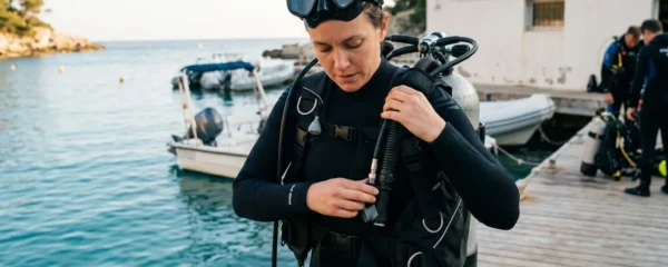 Plongeur débutant en combinaison néoprène portant un gilet stabilisateur avec bouteille, ajustant les sangles du gilet au bord d'un bassin de formation ou d'une crique méditerranéenne