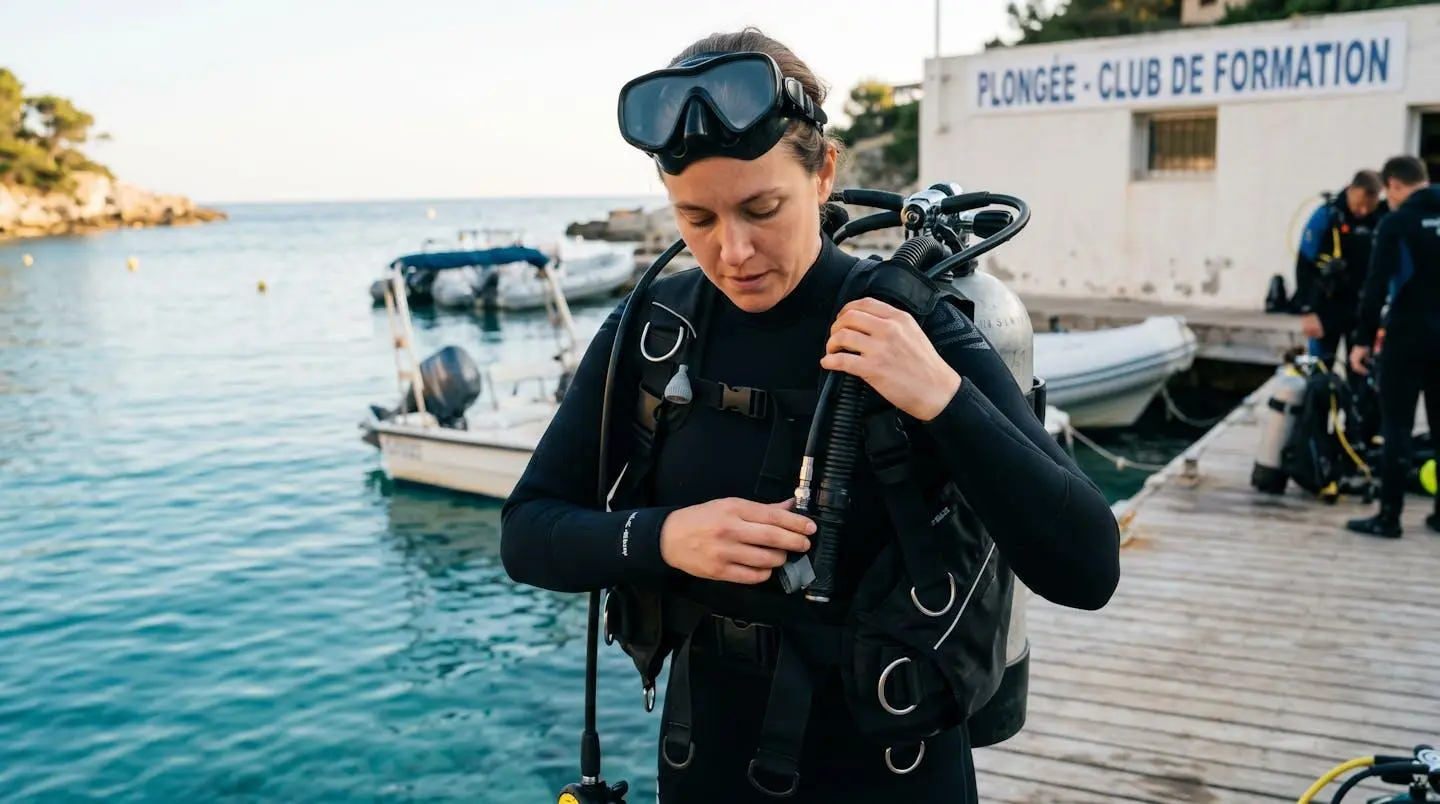 Plongeur débutant en combinaison néoprène portant un gilet stabilisateur avec bouteille, ajustant les sangles du gilet au bord d'un bassin de formation ou d'une crique méditerranéenne