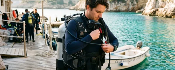 Plongeur débutant en combinaison néoprène portant un gilet stabilisateur avec bouteille, ajustant les sangles du gilet au bord d'un bassin de formation ou d'une crique méditerranéenne