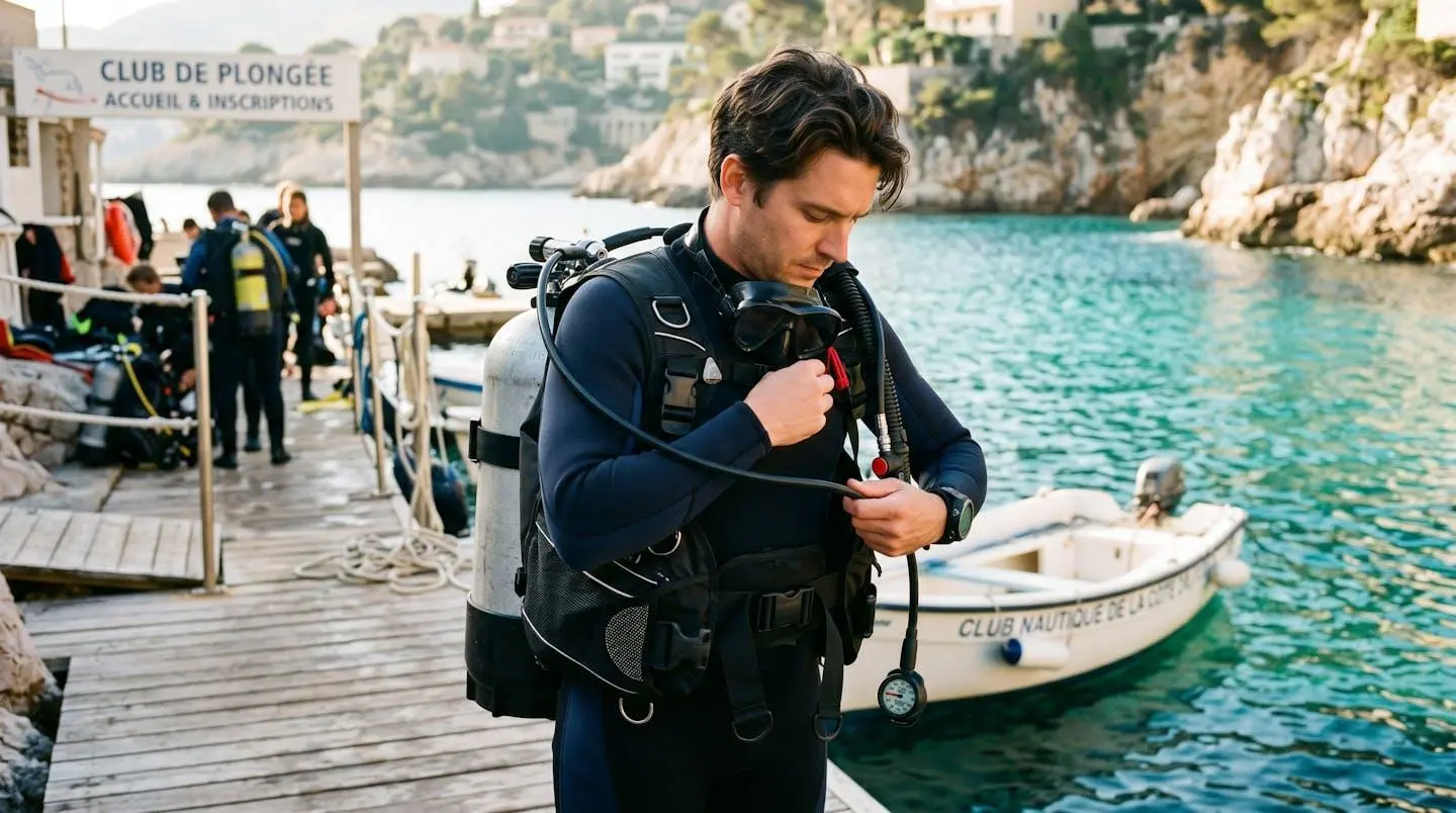 Plongeur débutant en combinaison néoprène portant un gilet stabilisateur avec bouteille, ajustant les sangles du gilet au bord d'un bassin de formation ou d'une crique méditerranéenne