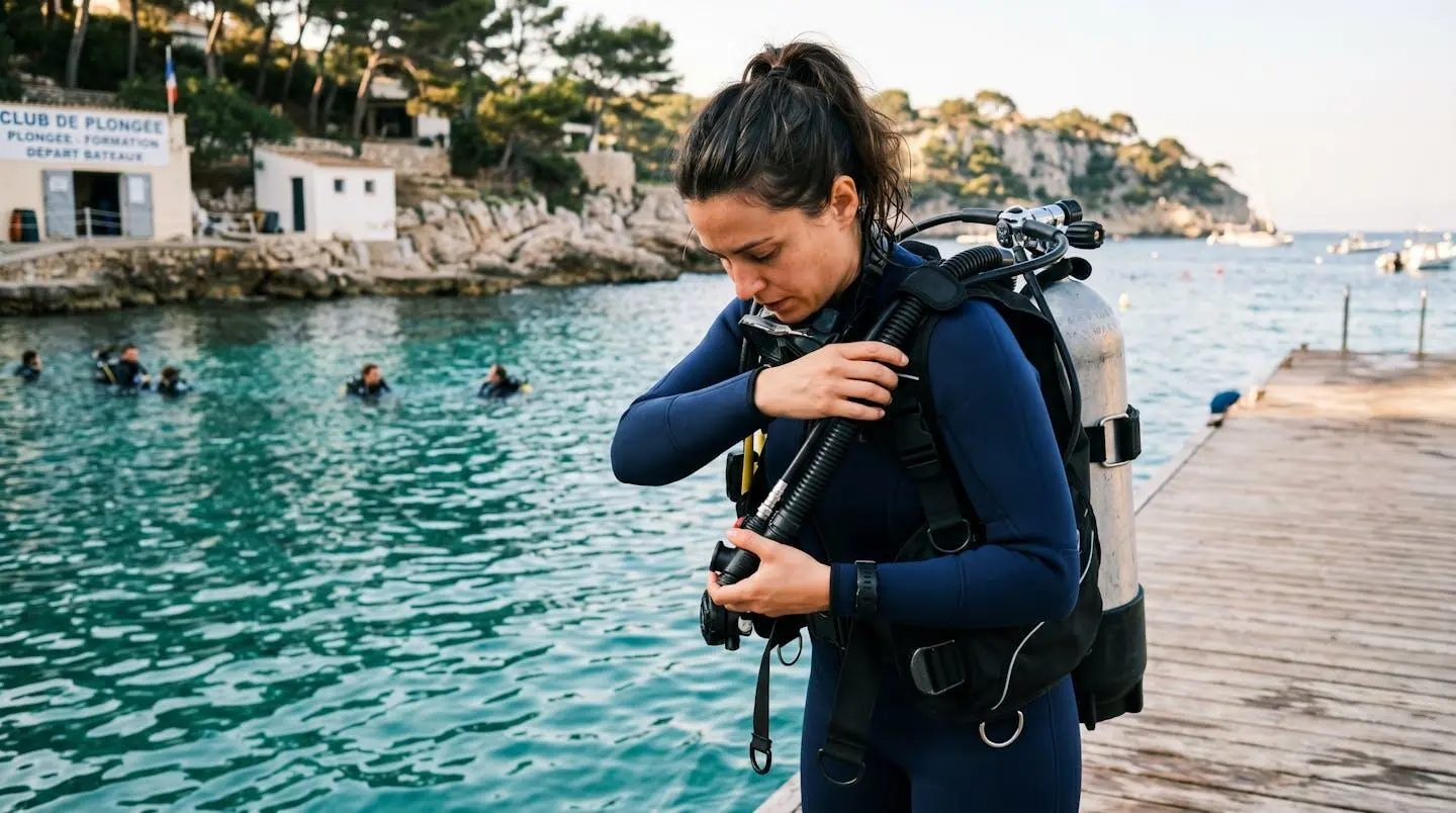 Plongeur débutant en combinaison néoprène portant un gilet stabilisateur avec bouteille, ajustant les sangles du gilet au bord d'un bassin de formation ou d'une crique méditerranéenne