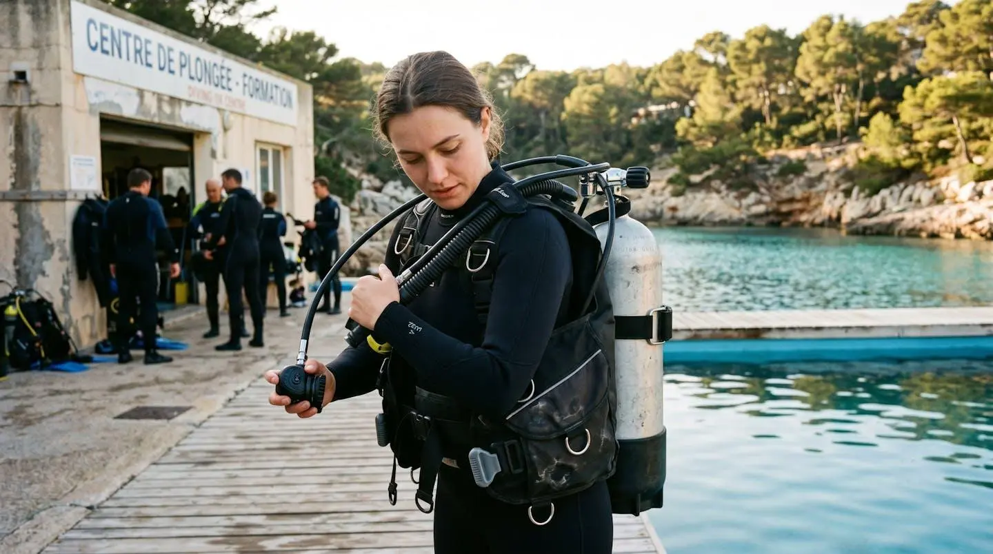 Plongeur débutant en combinaison néoprène portant un gilet stabilisateur avec bouteille, ajustant les sangles du gilet au bord d'un bassin de formation ou d'une crique méditerranéenne
