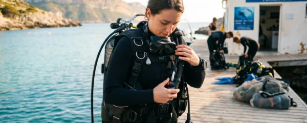 Plongeur débutant en combinaison néoprène portant un gilet stabilisateur avec bouteille, ajustant les sangles du gilet au bord d'un bassin de formation ou d'une crique méditerranéenne