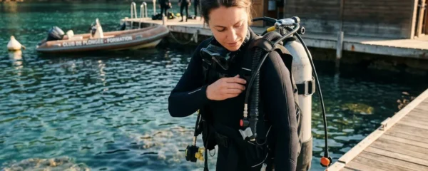 Plongeur débutant en combinaison néoprène portant un gilet stabilisateur avec bouteille, ajustant les sangles du gilet au bord d'un bassin de formation ou d'une crique méditerranéenne